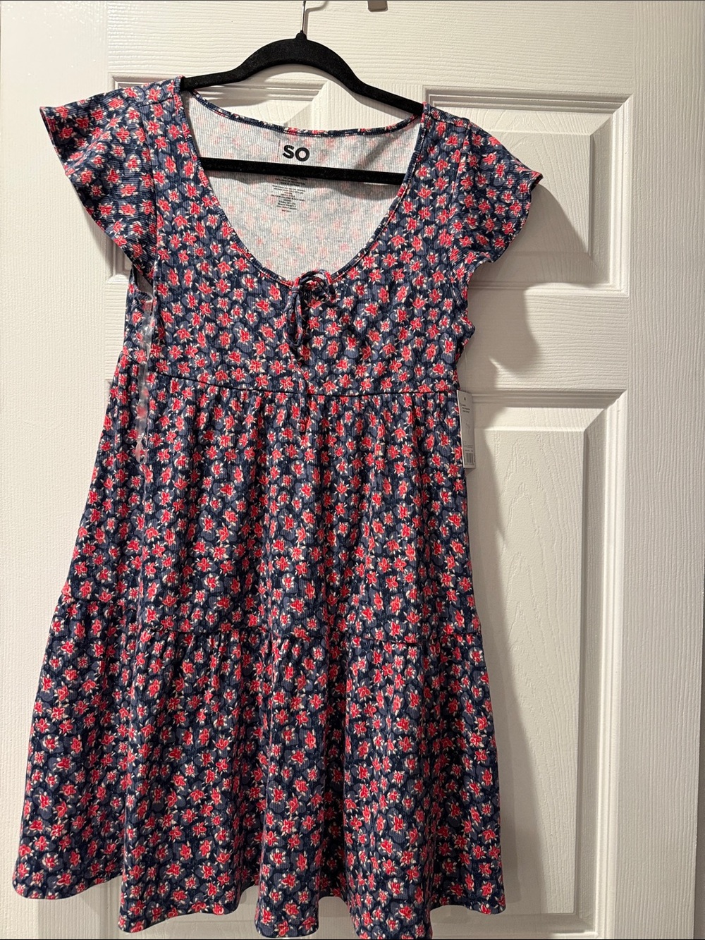 SO Navy Dress with Pink Floral Print and Tie-Front